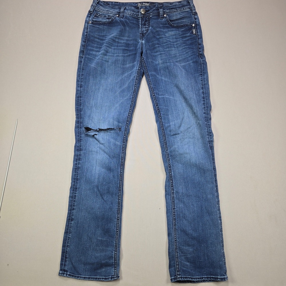 Silver Jeans Co. Aiko Mid Baby Boot Jeans W30 L33 Distressed‎ Blue Denim